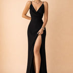 Iliana | Purple Silk Satin Lace Maxi Evening Dress — Black