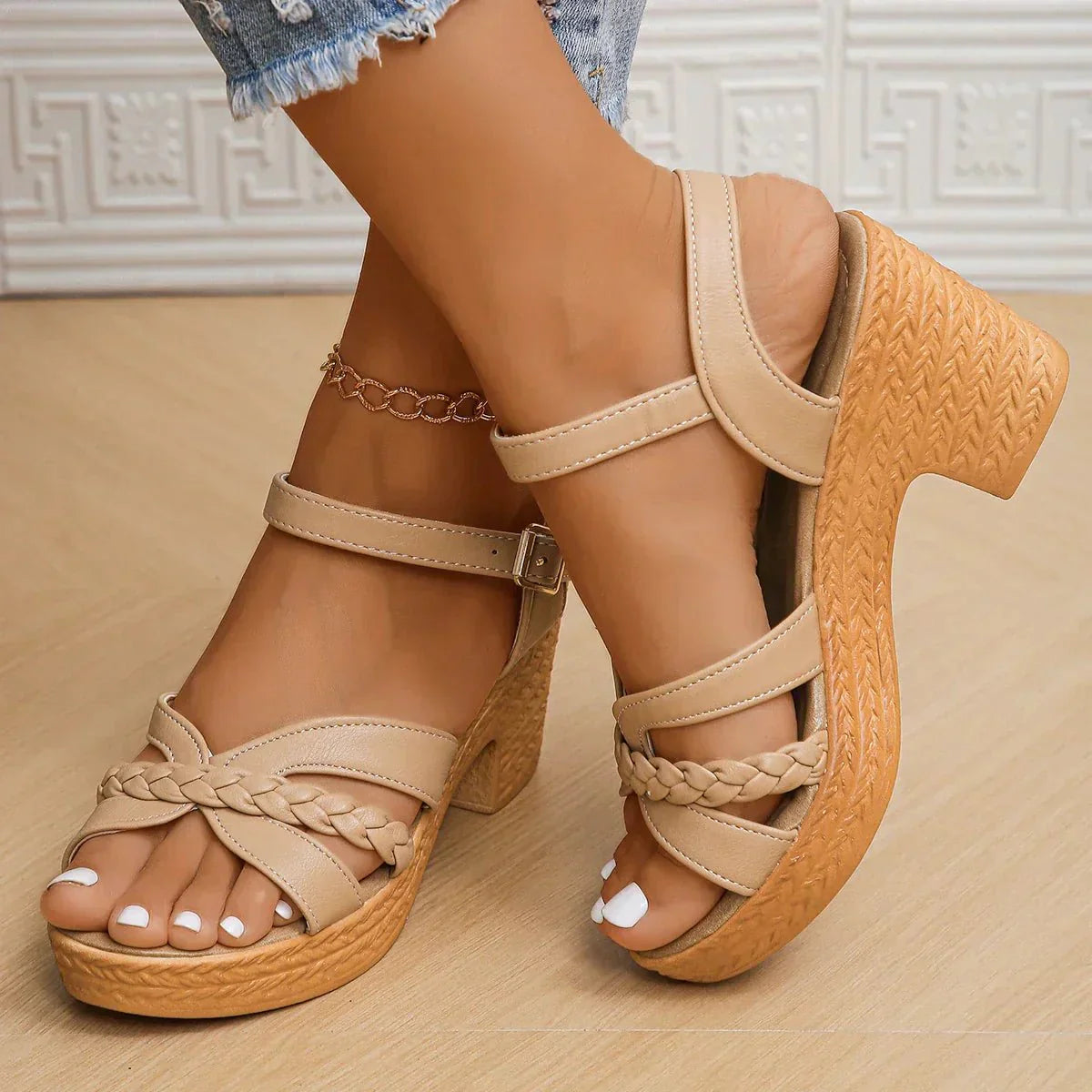 Manon | Low Heel Pink Silver Platform Heeled Sandals — Camel