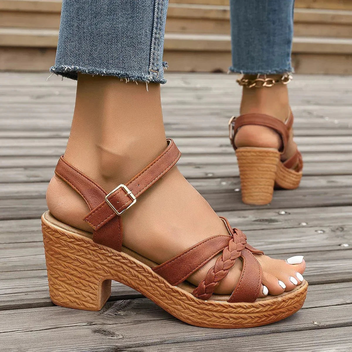 Manon | Low Heel Pink Silver Platform Heeled Sandals — Brown