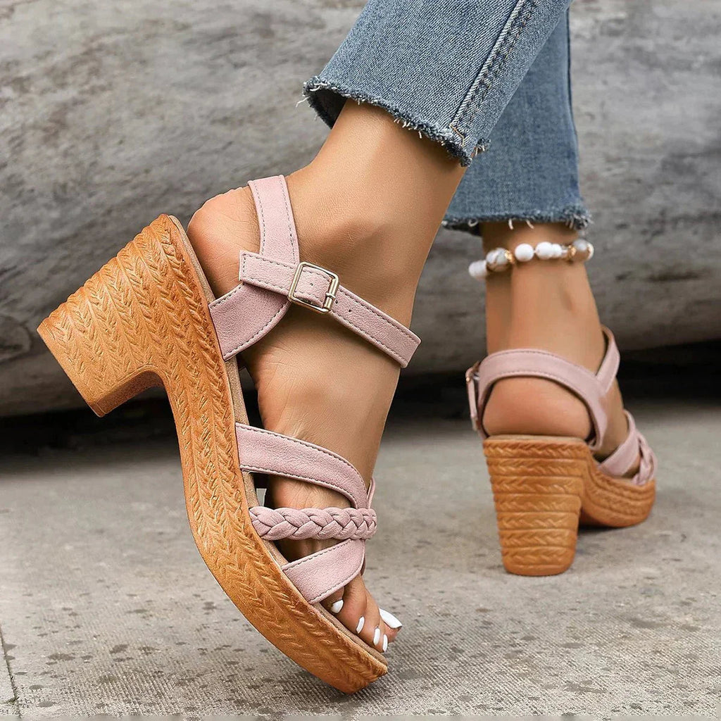 Manon | Low Heel Pink Silver Platform Heeled Sandals — Pink