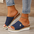 Isolde | Low Wedge Heel Canvas Sandals For Beach Outfits — Royal Blue