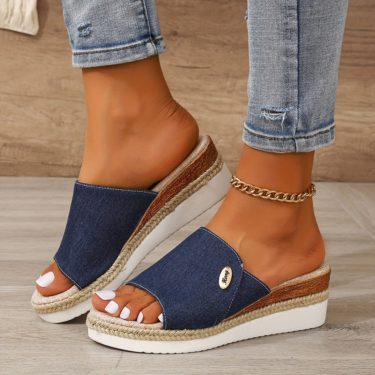 Isolde | Low Wedge Heel Canvas Sandals For Beach Outfits — Royal Blue