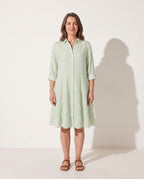 Ophelia | White Striped Linen Midi Shirt Dress — voorkant