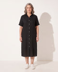 Solene | Linen Shirt Dress White Black Relaxed Midi — voorkant