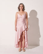 Esmee | Purple Silk Satin Chiffon Maxi Evening Dress Mini Ruffle — voorkant
