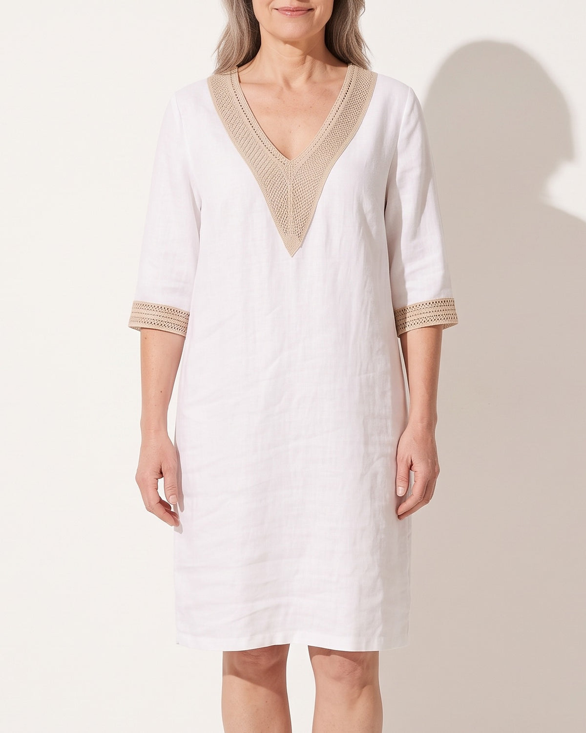 Camille | Linen Summer Dresses Long White Midi Dress — voorkant