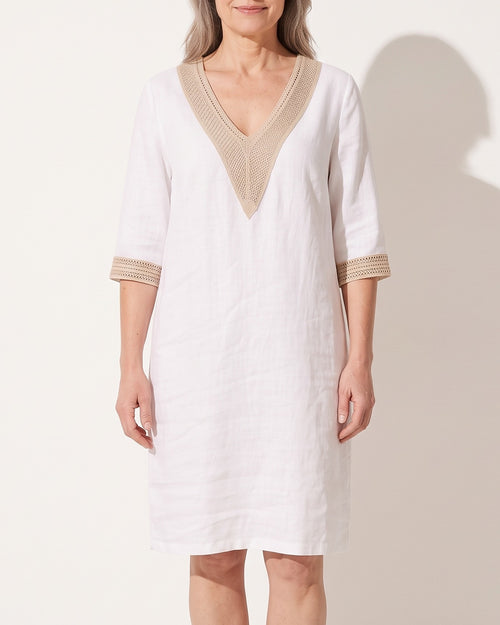 Camille | Linen Summer Dresses Long White Midi Dress — voorkant