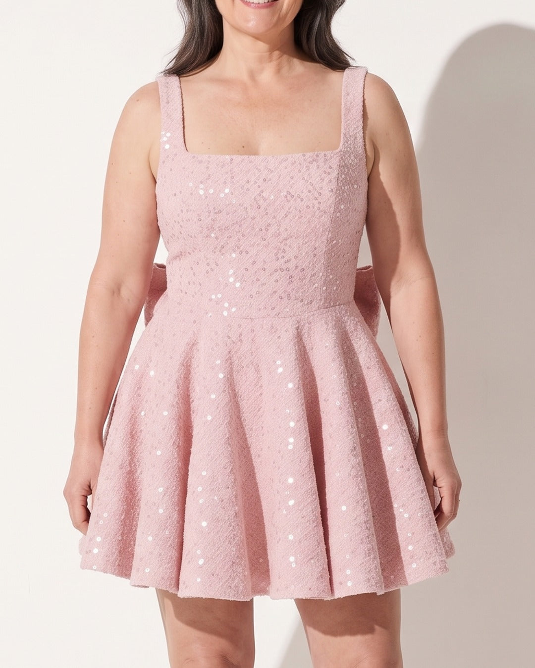 Camille | Pink White Sequin Satin Mini Dress Party Celebration — voorkant