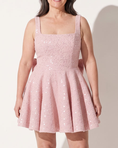 Camille | Pink White Sequin Satin Mini Dress Party Celebration — voorkant