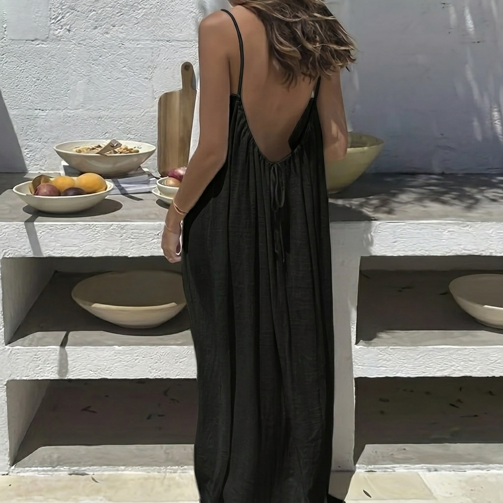 Adeline | Low Back Linen Blend Open Backless Shirt Dress — black