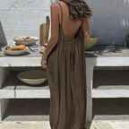 Adeline | Low Back Linen Blend Open Backless Shirt Dress — brown