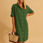 Flavie | Linen Wrap Midi Shirt Dress Denim Blue Spring — Green