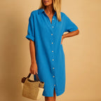 Flavie | Linen Wrap Midi Shirt Dress Denim Blue Spring — Blue