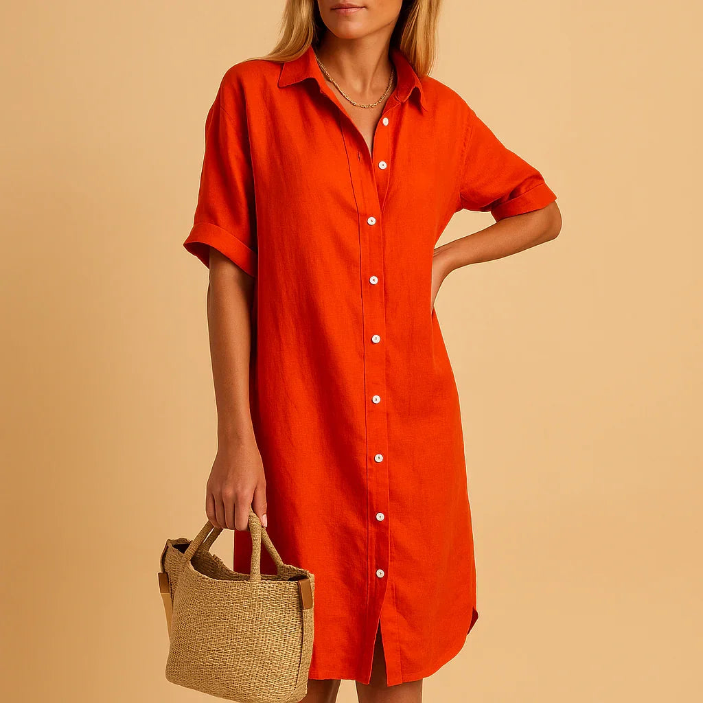 Flavie | Linen Wrap Midi Shirt Dress Denim Blue Spring — Red