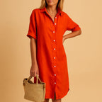 Flavie | Linen Wrap Midi Shirt Dress Denim Blue Spring — Red