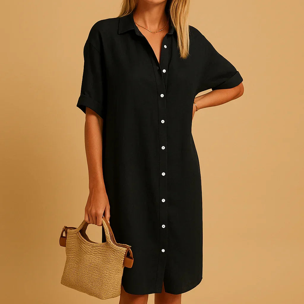 Flavie | Linen Wrap Midi Shirt Dress Denim Blue Spring — Black