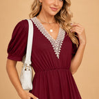 Felicity | Pink White Yellow Floral Lace Short Summer Dress — Burgunder