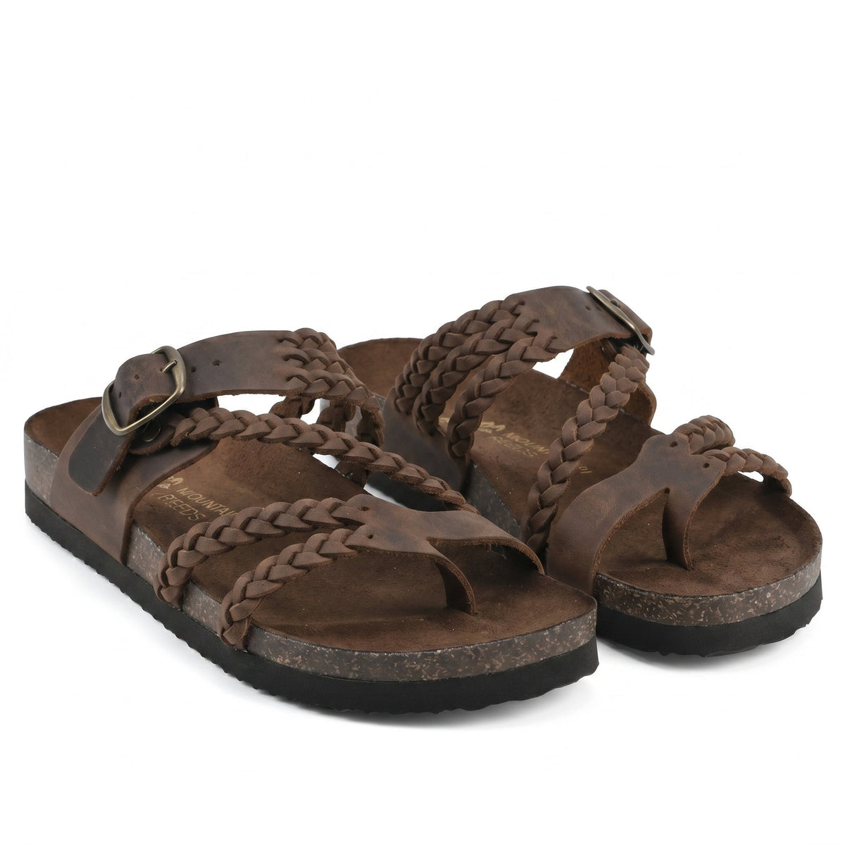 Lucinda | Black Strappy Flat Low Block Heel Bridal Sandals — Brown