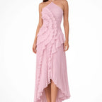 Lucinda | Spring Summer Floral Satin White Ruffle Maxi Wedding Guest Dress — Pink