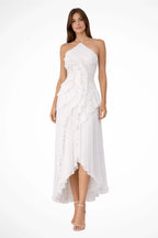 Lucinda | Spring Summer Floral Satin White Ruffle Maxi Wedding Guest Dress — White