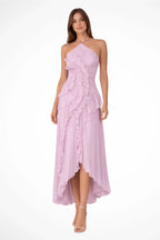 Lucinda | Spring Summer Floral Satin White Ruffle Maxi Wedding Guest Dress — Purple