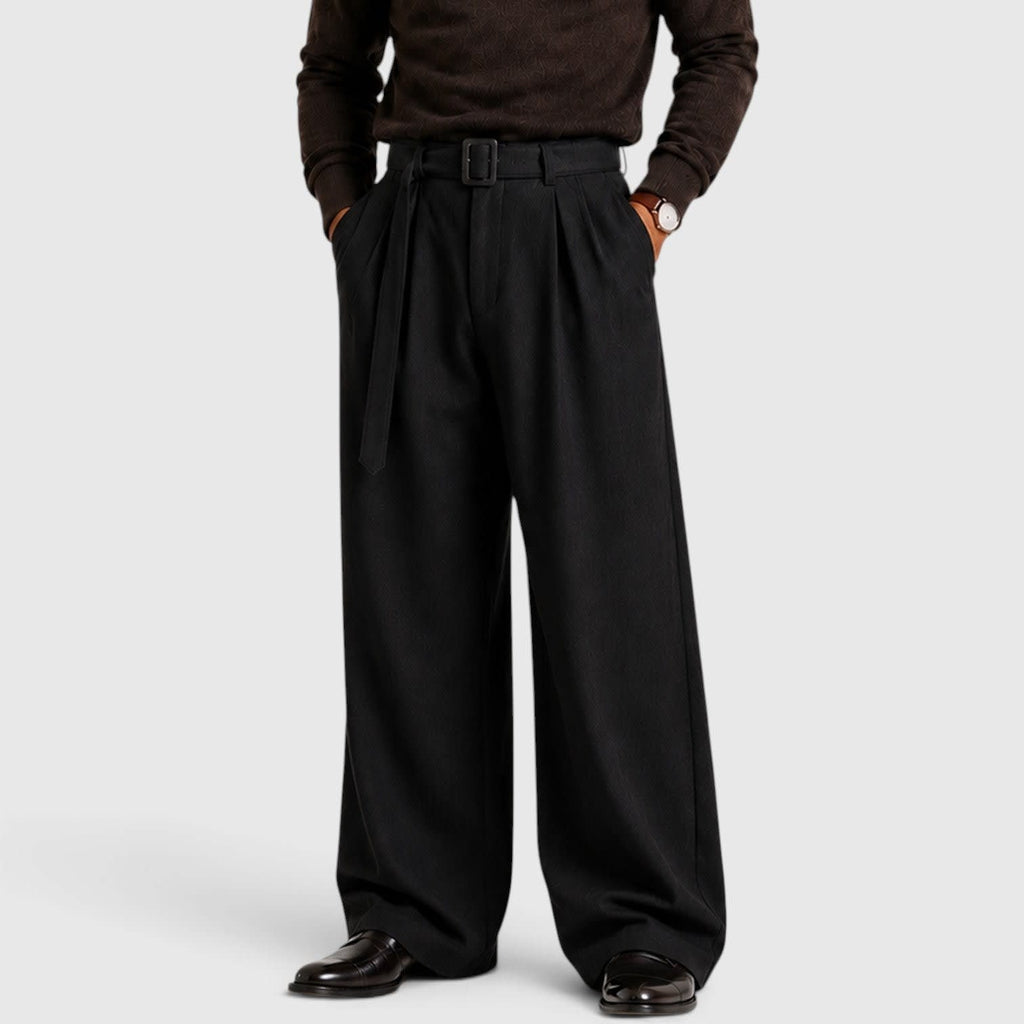 Violaine | High Rise Floral Printed Wide Leg Red Trouser Pants — Black