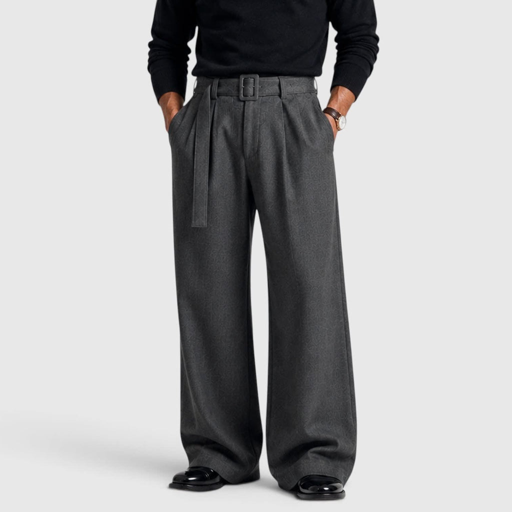 Violaine | High Rise Floral Printed Wide Leg Red Trouser Pants — Dark Grey