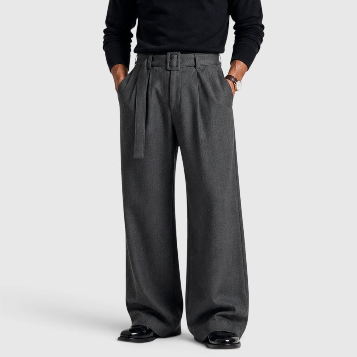 Violaine | High Rise Floral Printed Wide Leg Red Trouser Pants — Dark Grey