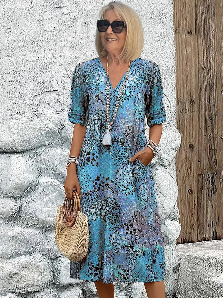 Constance | Short Sleeve Cotton Casual Midi Dress Summer Dresses — Ocean Blue