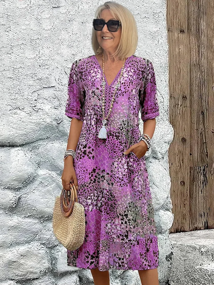 Constance | Short Sleeve Cotton Casual Midi Dress Summer Dresses — Lavender Purple