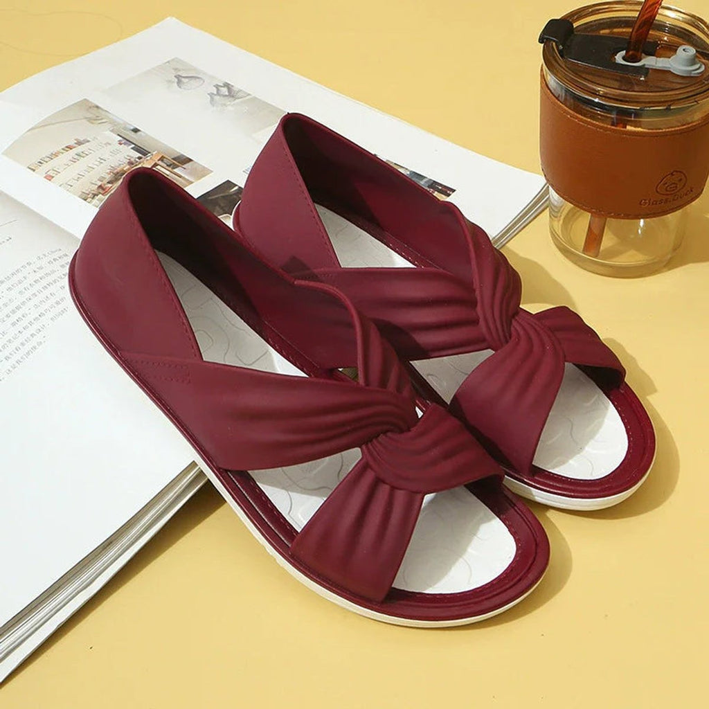 Delphine | Low Heel Silver Pink Metallic Sandals Summer Slip-On — Red
