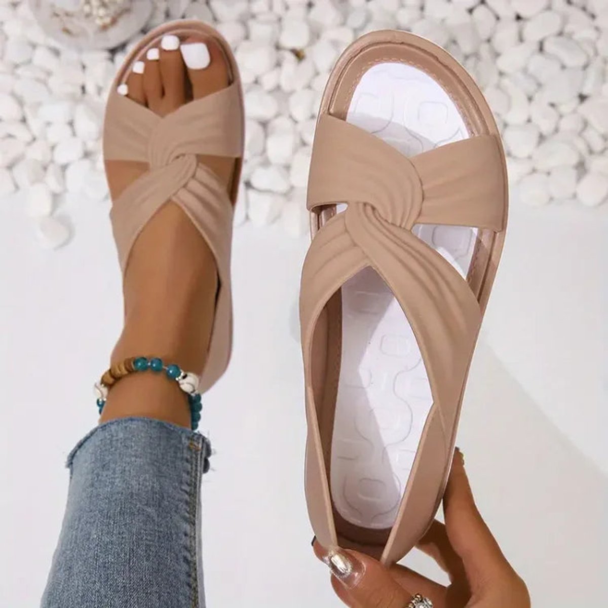 Delphine | Low Heel Silver Pink Metallic Sandals Summer Slip-On — Beige
