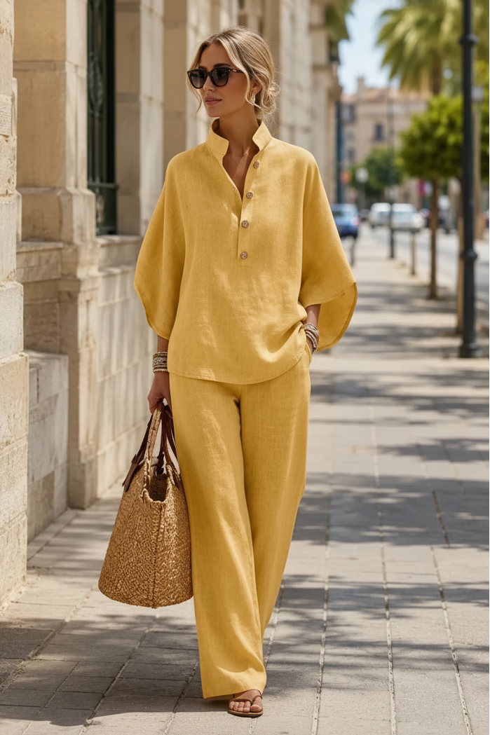 Thalia | Summer Lightweight Two Piece Jumpsuit Set Formal Trouser Suits Sweater Skirt — Yellow