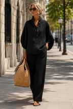 Thalia | Summer Lightweight Two Piece Jumpsuit Set Formal Trouser Suits Sweater Skirt — Black