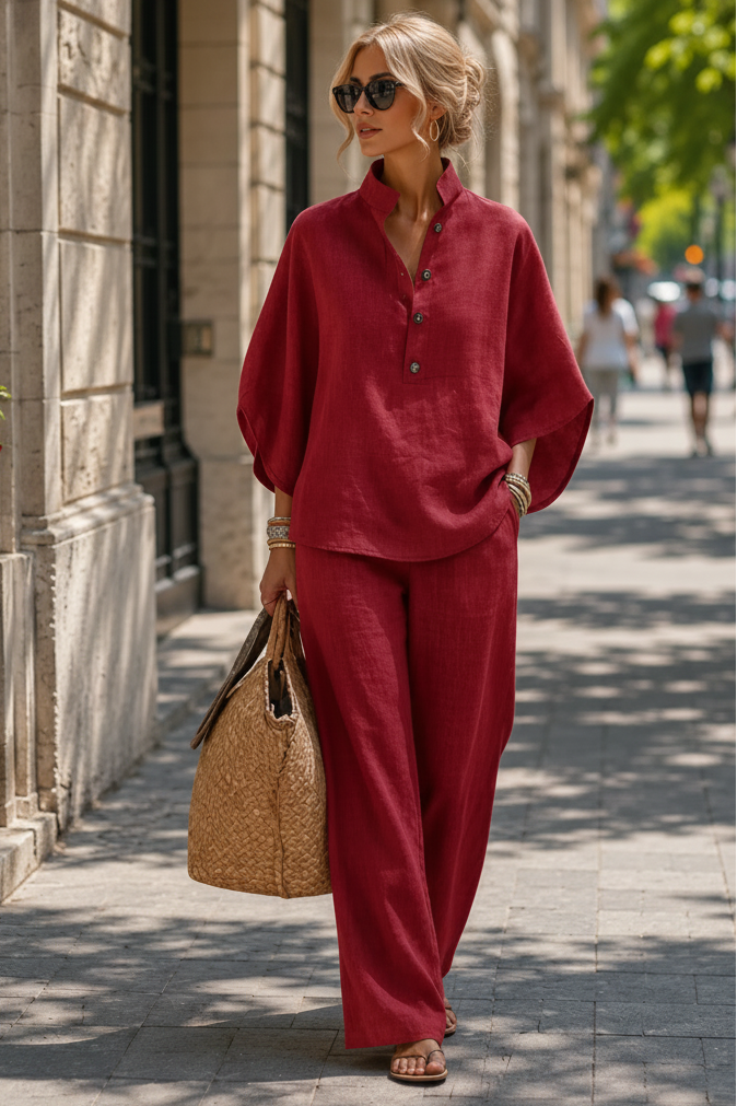Thalia | Summer Lightweight Two Piece Jumpsuit Set Formal Trouser Suits Sweater Skirt — Burgundy