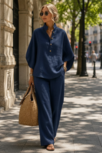 Thalia | Summer Lightweight Two Piece Jumpsuit Set Formal Trouser Suits Sweater Skirt — Dark Blue