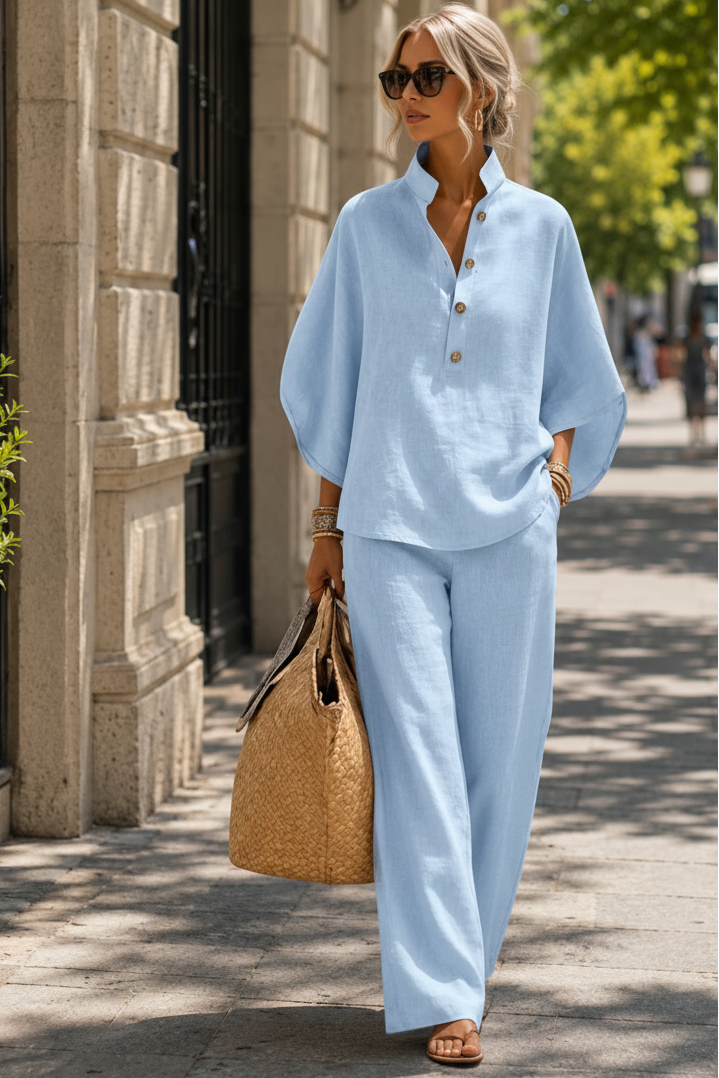 Thalia | Summer Lightweight Two Piece Jumpsuit Set Formal Trouser Suits Sweater Skirt — Light Blue
