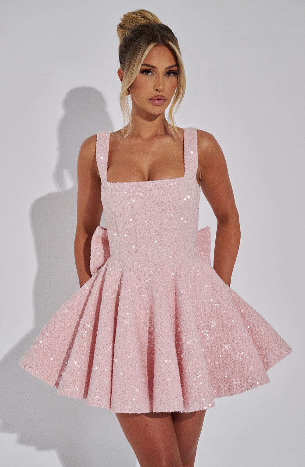 Camille | Pink White Sequin Satin Mini Dress Party Celebration — Pink