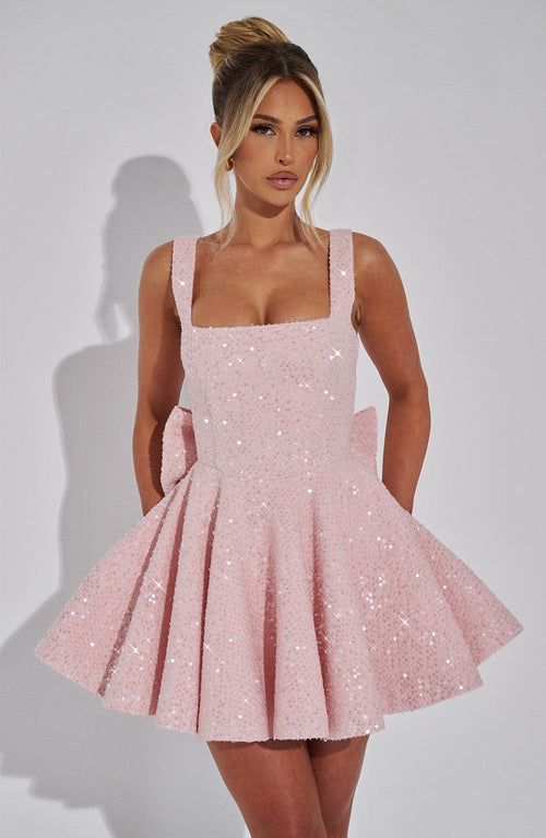 Camille | Pink White Sequin Satin Mini Dress Party Celebration — Pink