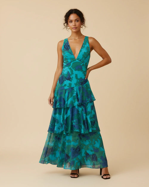 Bridget | Flowy Floral Tiered Maxi Midi Mini Pink Dress — Green