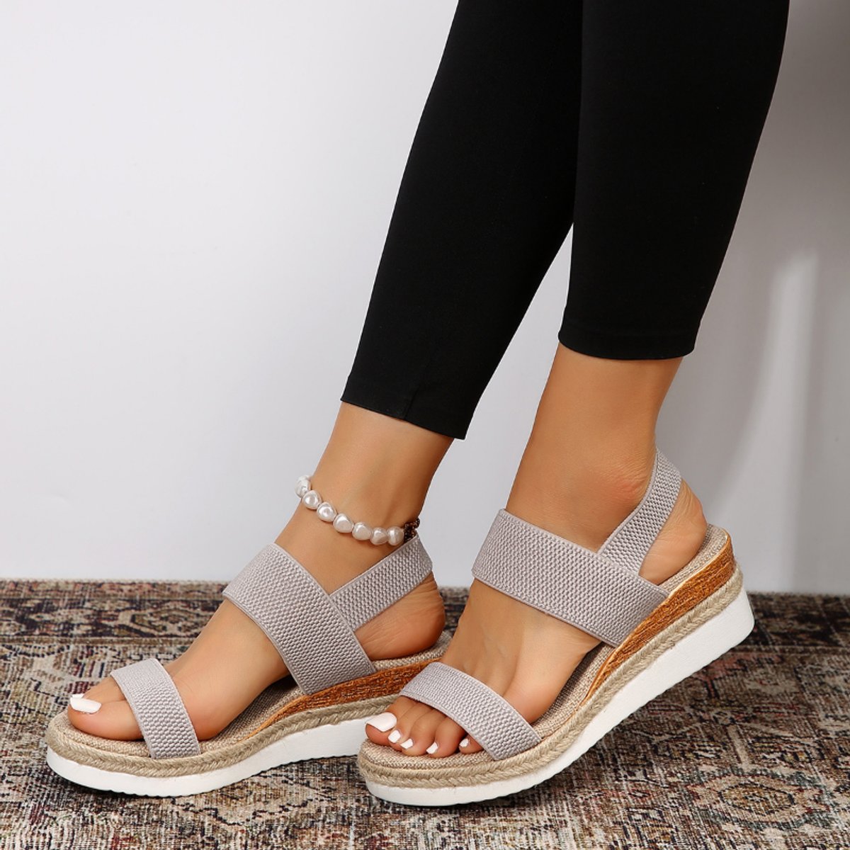 Sylvie | Pink Low Wedge Platform Heel Sandals for Women — Gray