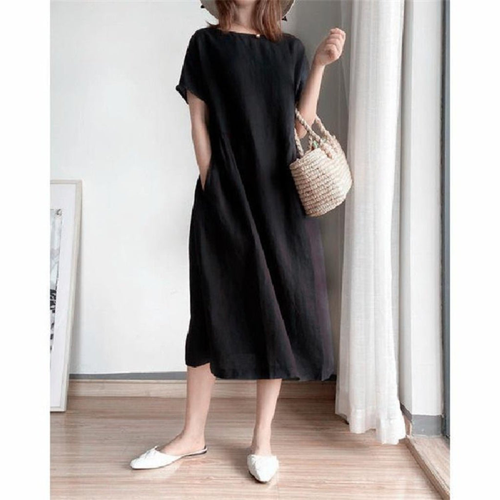 Juliette | Linen Short Sleeve Shirt Midi Dress — Black