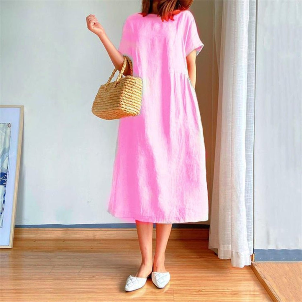 Juliette | Linen Short Sleeve Shirt Midi Dress — Pink