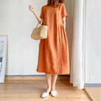 Juliette | Linen Short Sleeve Shirt Midi Dress — Orange
