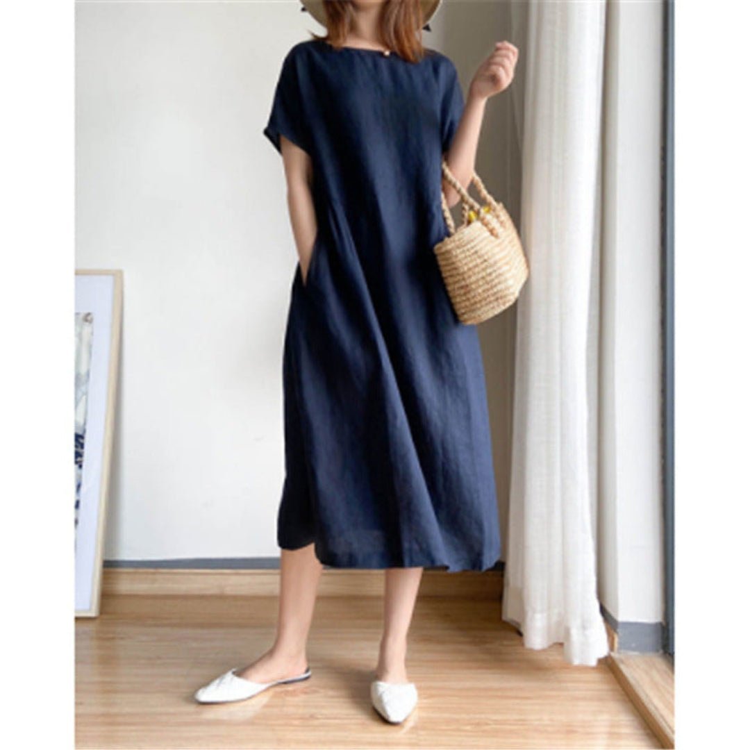 Juliette | Linen Short Sleeve Shirt Midi Dress — Dark Blue