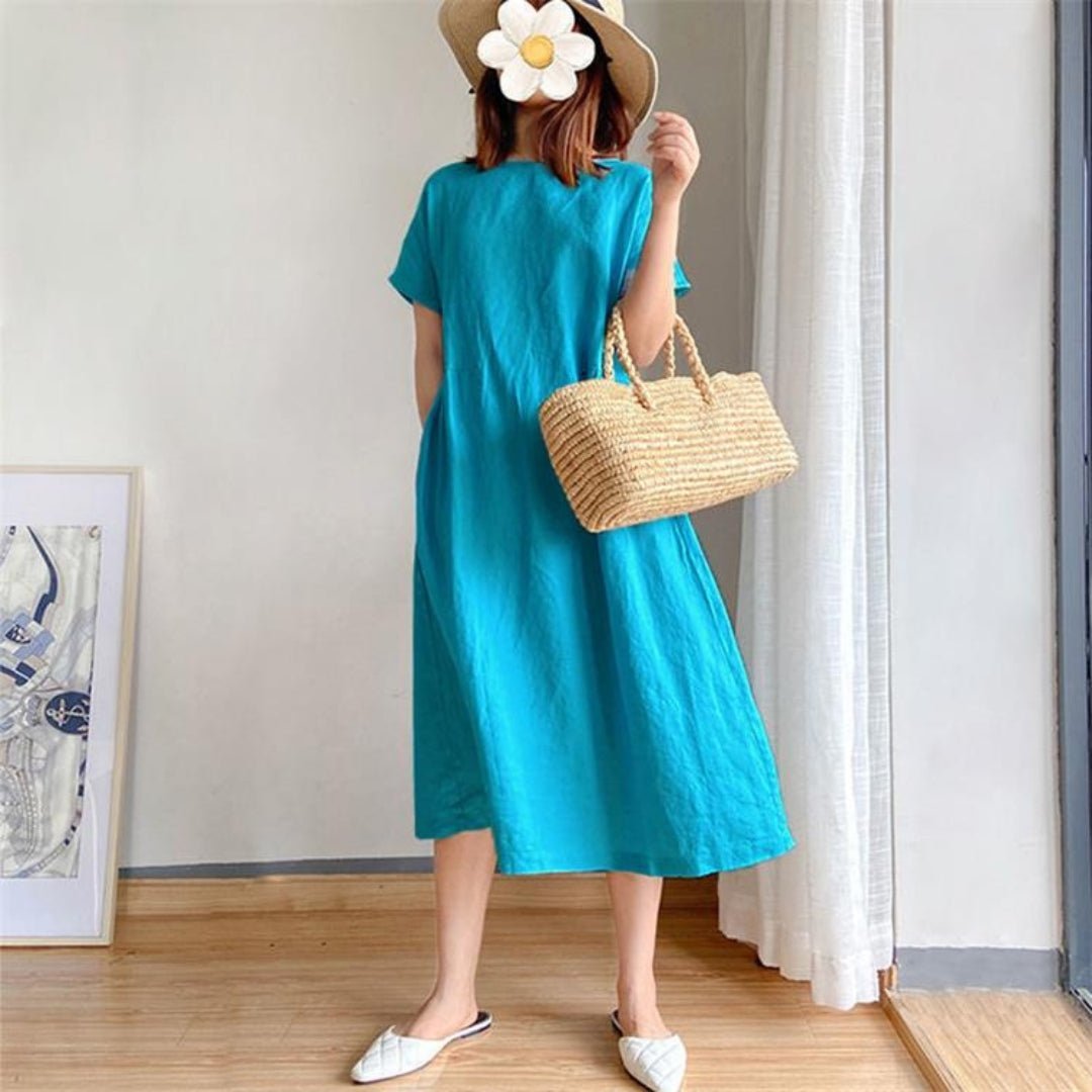 Juliette | Linen Short Sleeve Shirt Midi Dress — Turquoise