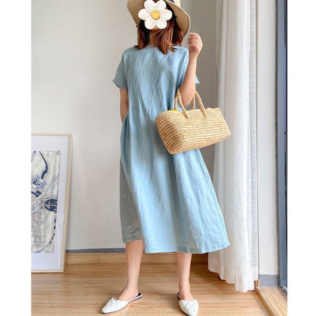 Juliette | Linen Short Sleeve Shirt Midi Dress — Light Blue