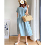 Juliette | Linen Short Sleeve Shirt Midi Dress — Light Blue