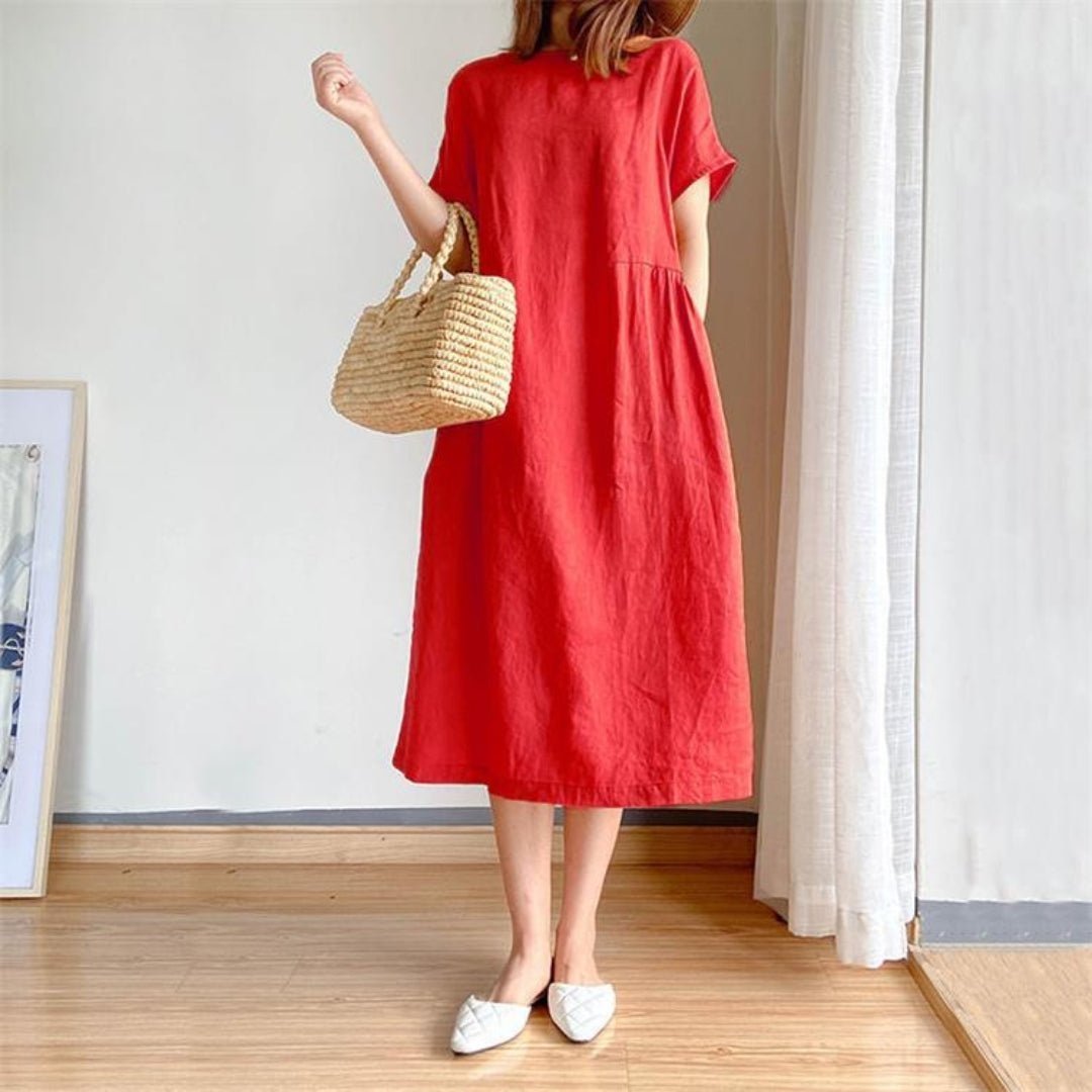 Juliette | Linen Short Sleeve Shirt Midi Dress — Red