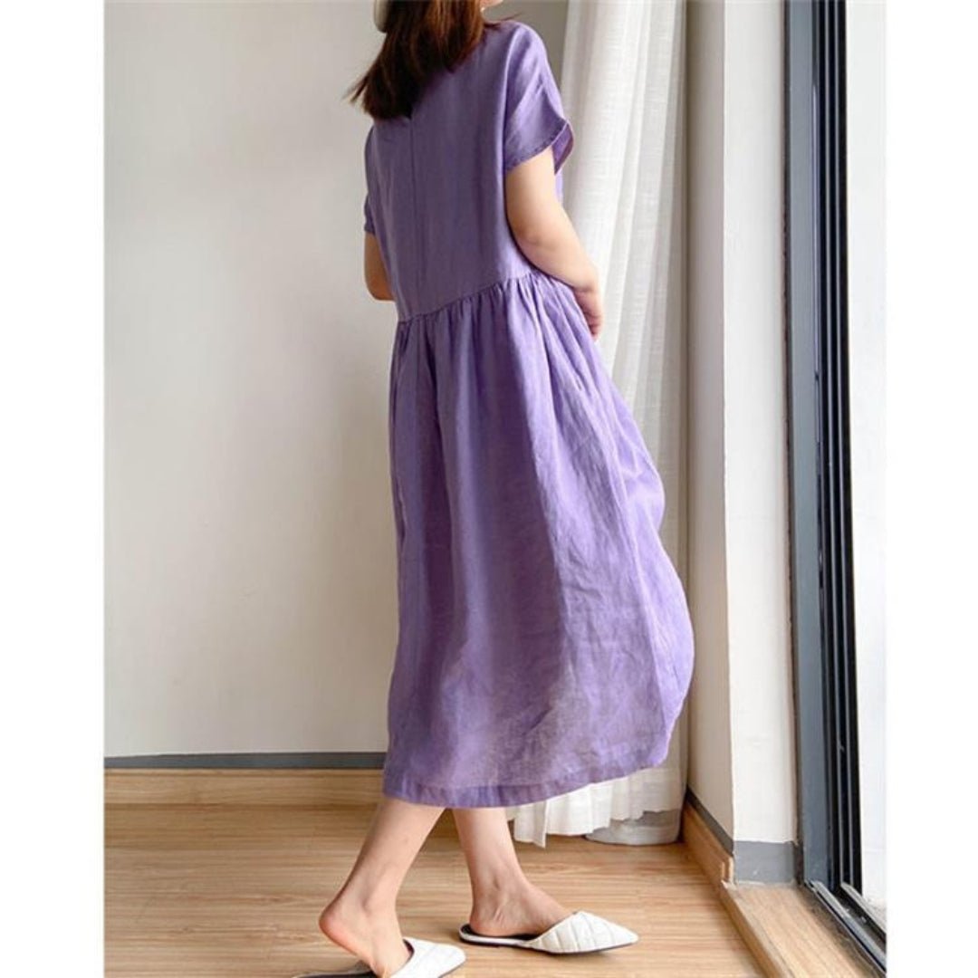 Juliette | Linen Short Sleeve Shirt Midi Dress — Purple